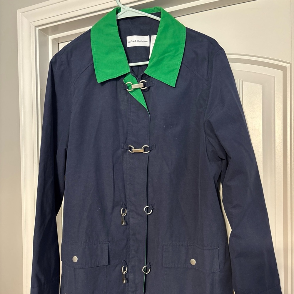 Alfred Dunner Women Dark Blue/Green Full Zip Hook Clasp Trench Coat Jacket M 10